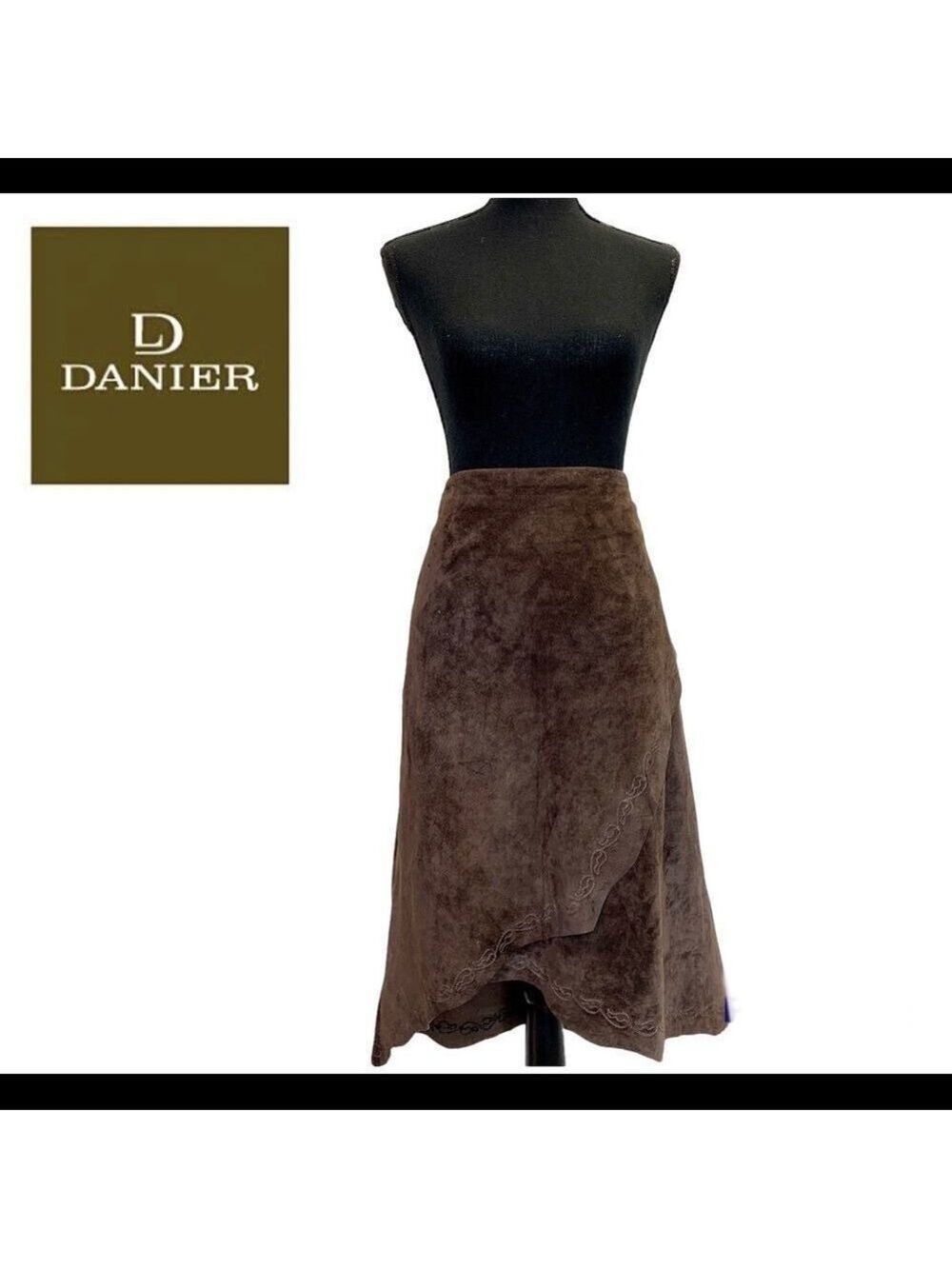 DANIER Leather chocolate brown suede High low asymmetrical embroidered hem skirt